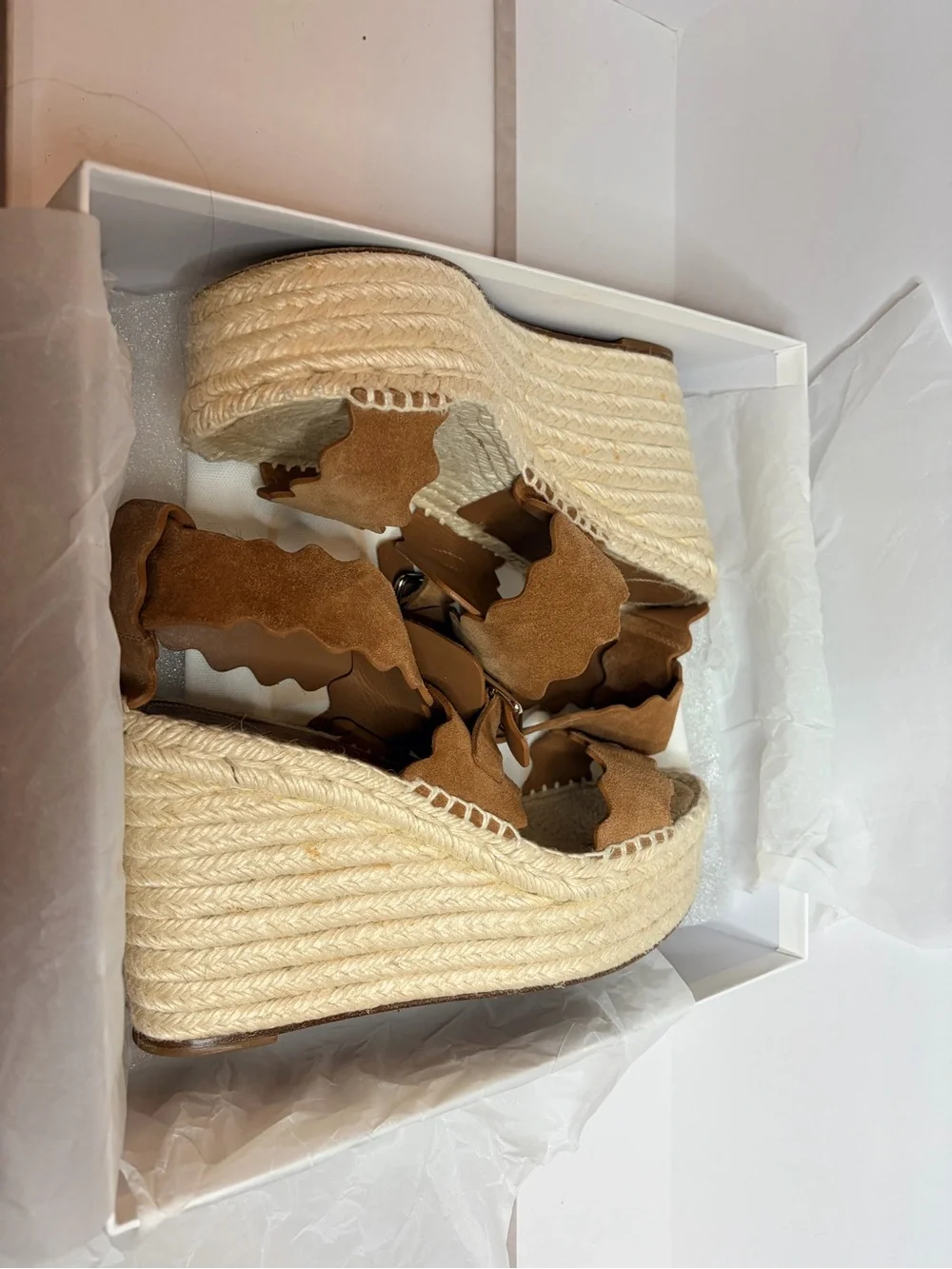 Chloe Suede Scalloped Espadrille Sandals in Tan